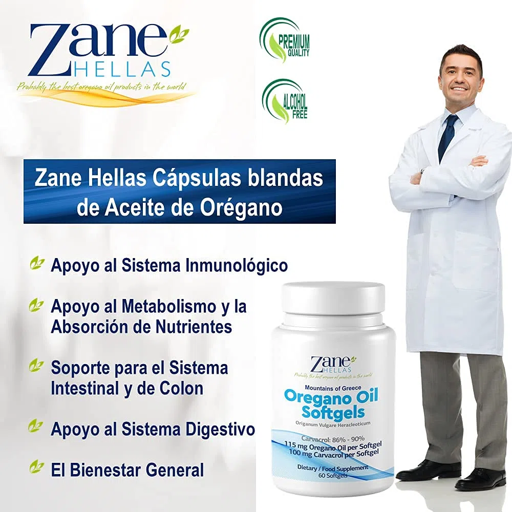 Zane Hellas Cápsulas de aceite de orégano. Cada cápsula blanda contiene un 20% de aceite esencial griego puro de orégano. 100 mg de Carvacrol por cápsula blanda.120 cápsulas blandas.Paquete de 2