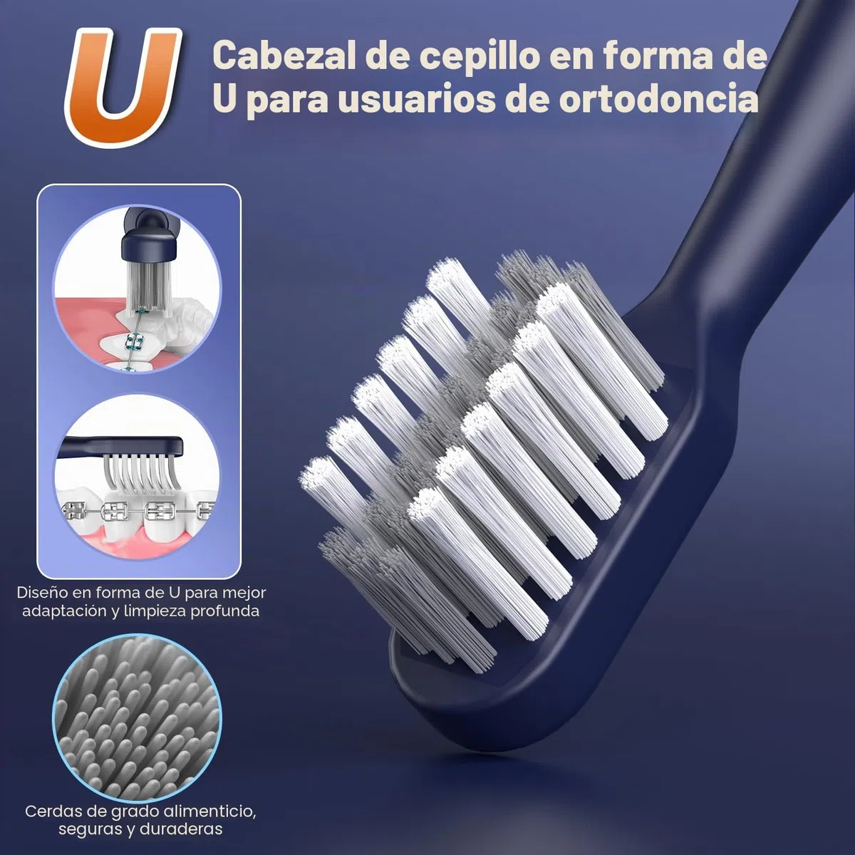 JTF Cepillo Dental Eléctrico para Ortodoncia, 6 Cabezales Suaves en Forma de U, 5 Modos, Temporizador 2 Min, IPX7, Limpieza Profunda(Azul Oscuro)