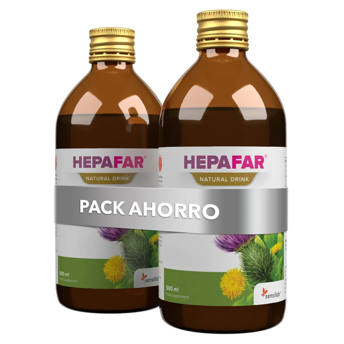 Cardo Mariano, Te Verde, Alcachofa, Diente de Leon y Manganeso - 2 x 500 ml para 40 Días - Apoyo Hepatico - Hepafar Drink Sensilab