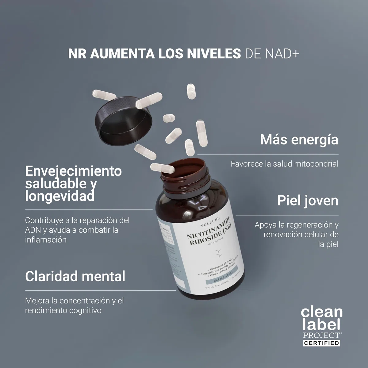 Nullure NAD Nicotinamide Riboside 300mg 90 cápsulas | NAD+ Boost | Certificado Clean Label | Testado por terceros | Vegano y sin aditivos | Alternativa NMN | NR puro >99% | NADH | Fabricado en España