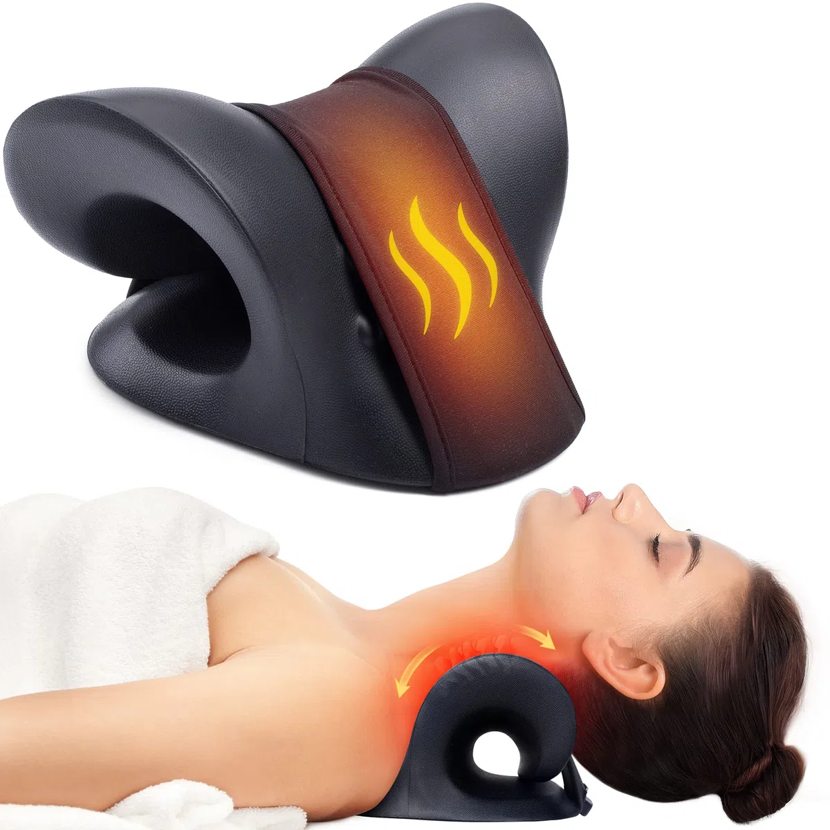 Camilla de cuello para aliviar el dolor de cuello, cuello y hombros con almohadilla térmica, almohada quiropráctica para aliviar el dolor de TMJ y alineación de la columna cervical