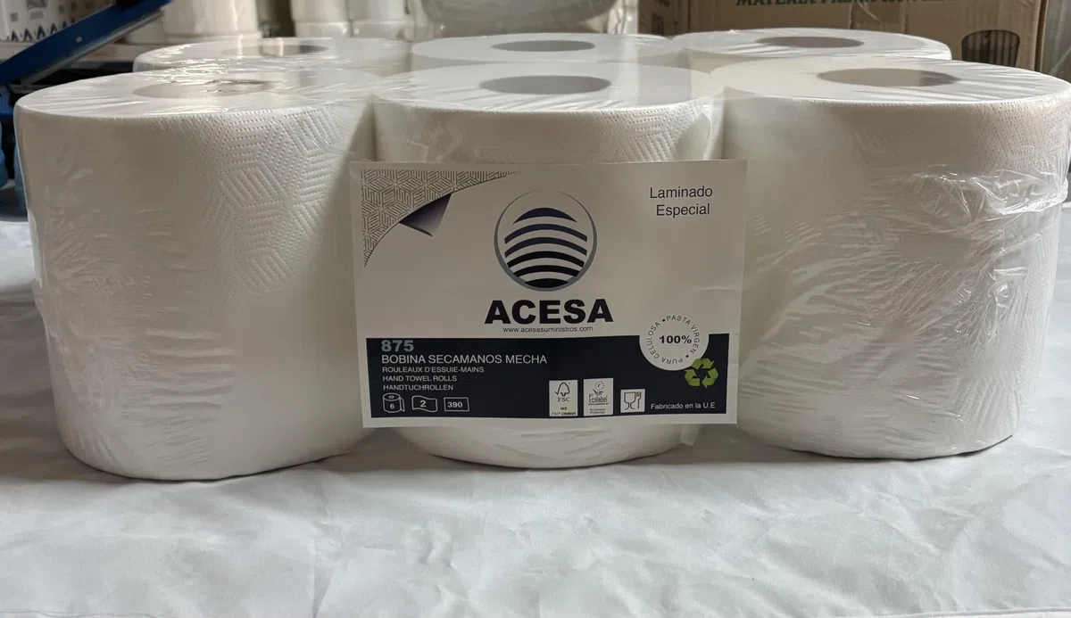 ACESA - Bobina Papel Precortado Doble Capa 6 unidades de 800gr - Rollos de Papel Industrial de Pasta Virgen 100% - Papel Industrial de Pasta Virgen - 6 Bobinas de Papel Industrial de celulosa Blanco
