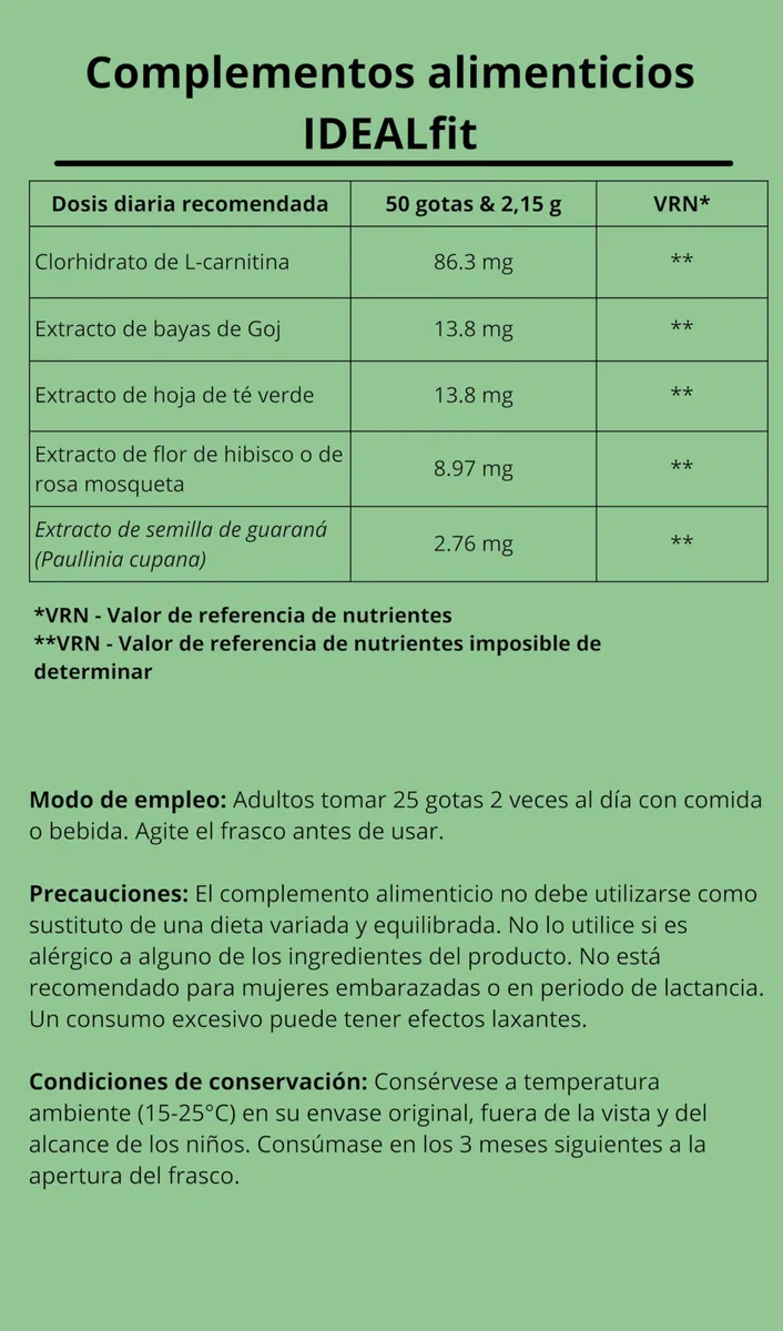 IDEALFIT gotas de Idealica 100% gotas naturales | L-Carnitina | Bayas de Goji | 20ml