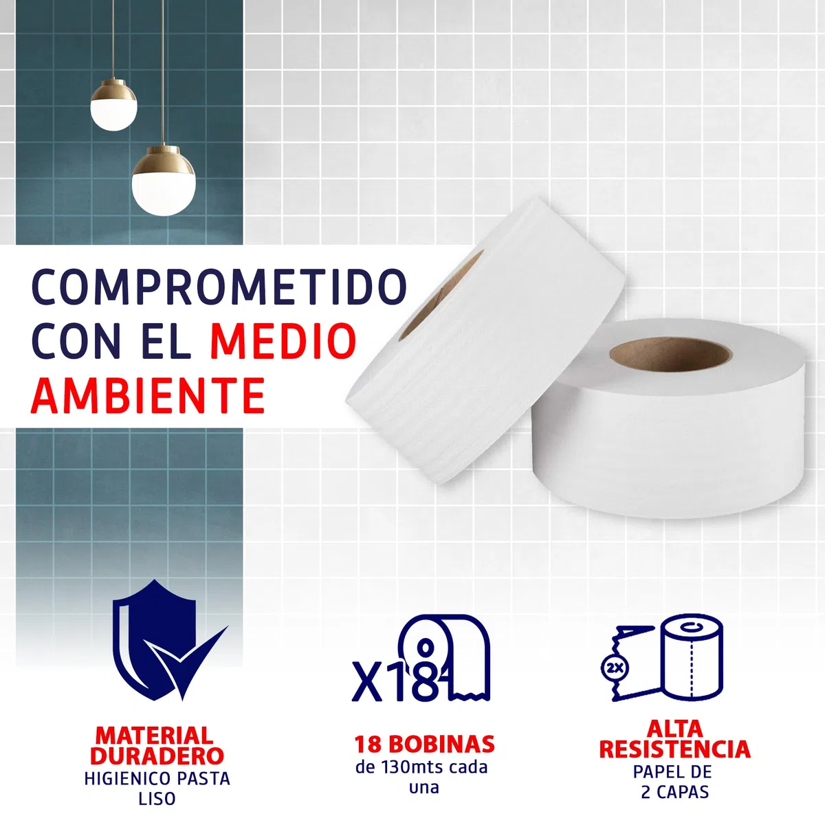 BALSAT | 18 Bobinas De Higiénico | Industrial Resistente Doble Hoja | Rollo Industrial130m | Baño | Ideal en Dispensador.