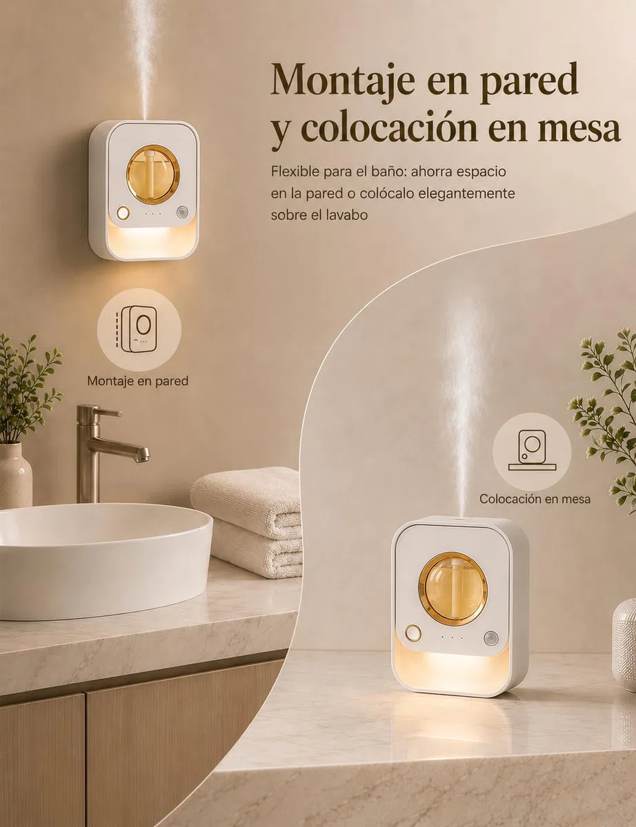 Difusor Aceites Esenciales de Mesa y Pared con Sensor de Movimiento, Luz Nocturna y Temporizador, Atomizador Ultrasónico Difusor de Aromas Sin Depósito de Agua, 50ml Naranja para Baño, Dormitorio