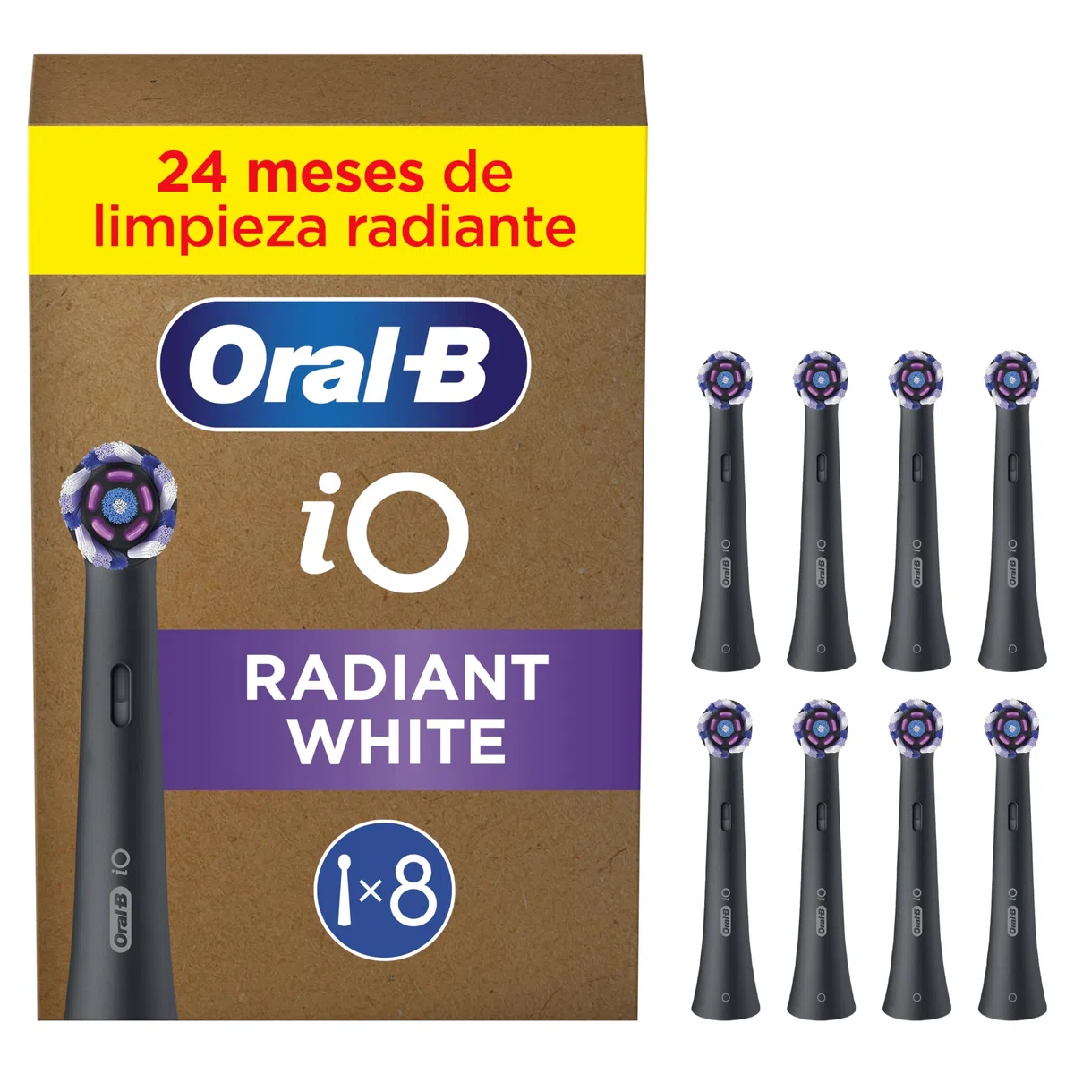 Oral-B iO Radiant White Cabezales de Recambio Originales, Negros, Pack de 8 - Recambios para Cepillos de Dientes Eléctricos Oral B iO, Blanqueamiento Dental, Eliminación de Manchas Y Placa Bacteriana