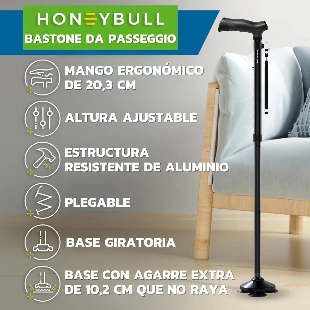 HONEYBULL Bastón para Hombres y Mujeres - Plegable, Ajustable, Abatible, Bastón Portátil, Punta Pivotante, Resistente | Bastones para Personas Mayores y Adultos