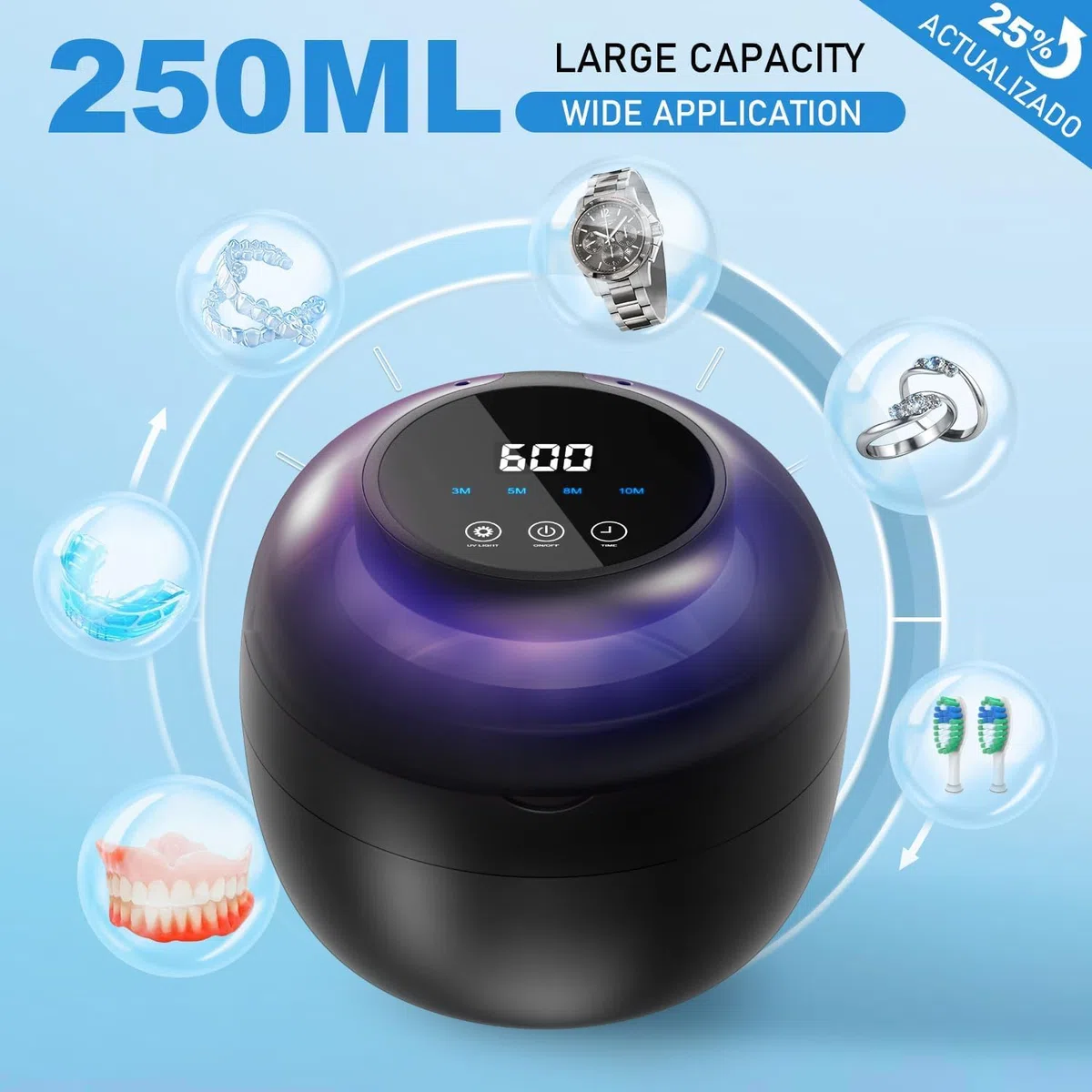 Limpiador Ultrasonidos, 50.000 Hz Limpiador Ferula Dental, 250 ml Ultrasonidos Limpieza, Ultrasonic Cleaner con 6 Lámparas UV para Retenedor, Fundas, Retainer, Dientes Postizos, Plata Joyas