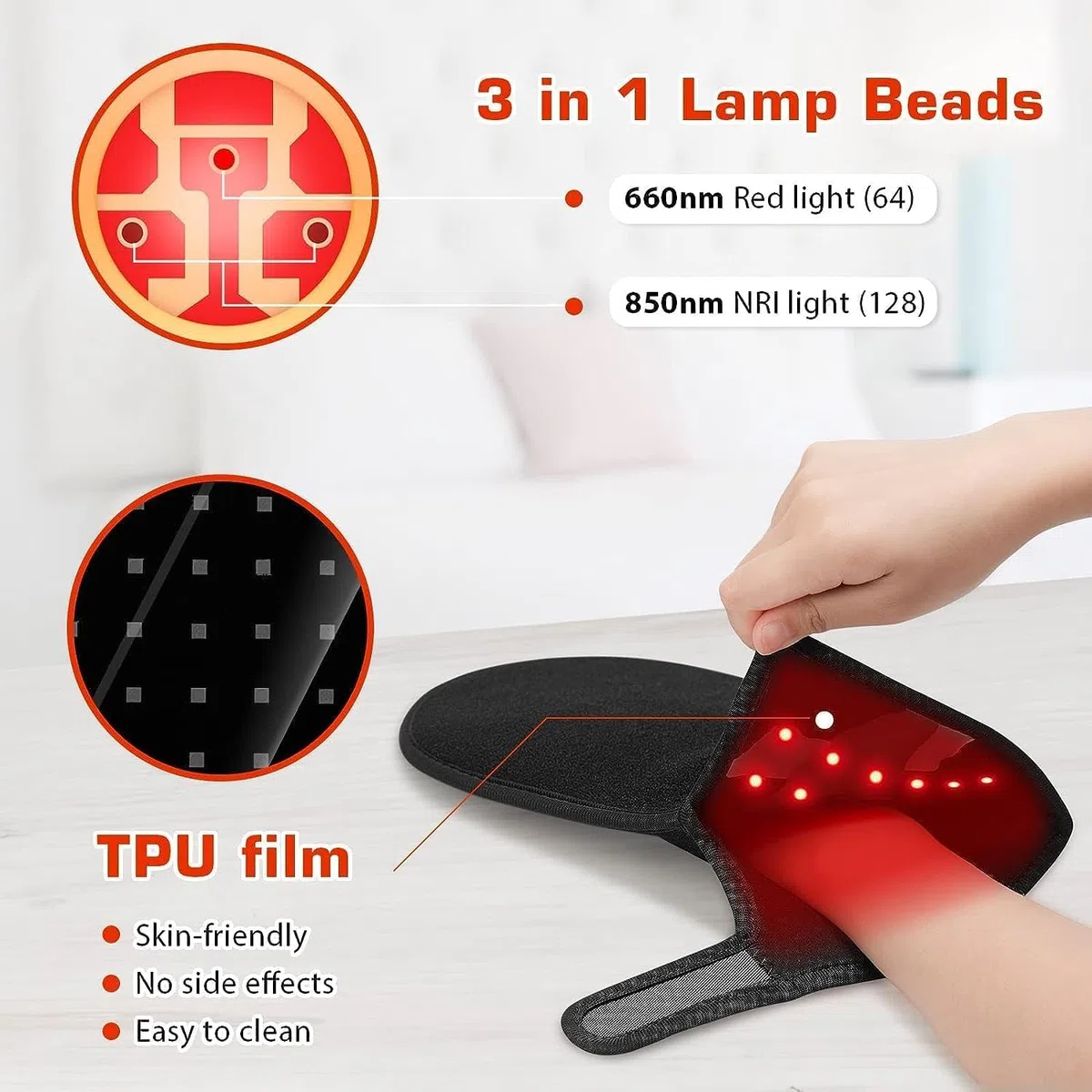 Dispositivo de terapia de luz roja para manos, guantes de terapia de luz infrarroja, muñeca de dedo, almohadilla térmica infrarroja cercana LED para túnel carpiano
