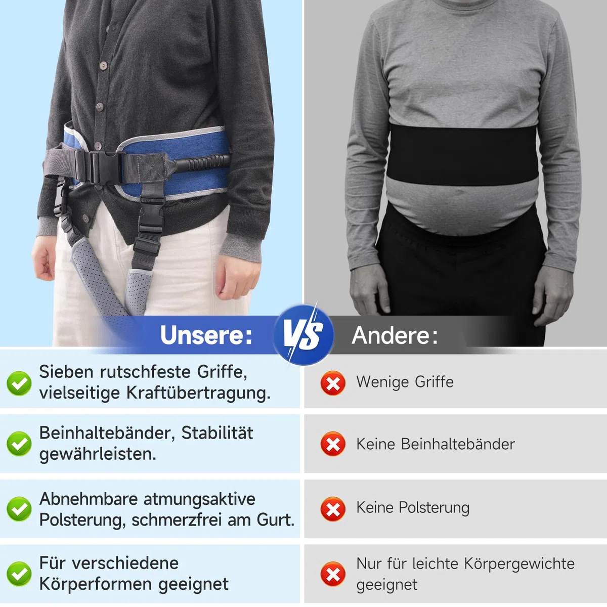 Cinturón de transferencia para personas mayores, con 7 asas y correas desmontables para las piernas, personas paralizadas (gris azulado)