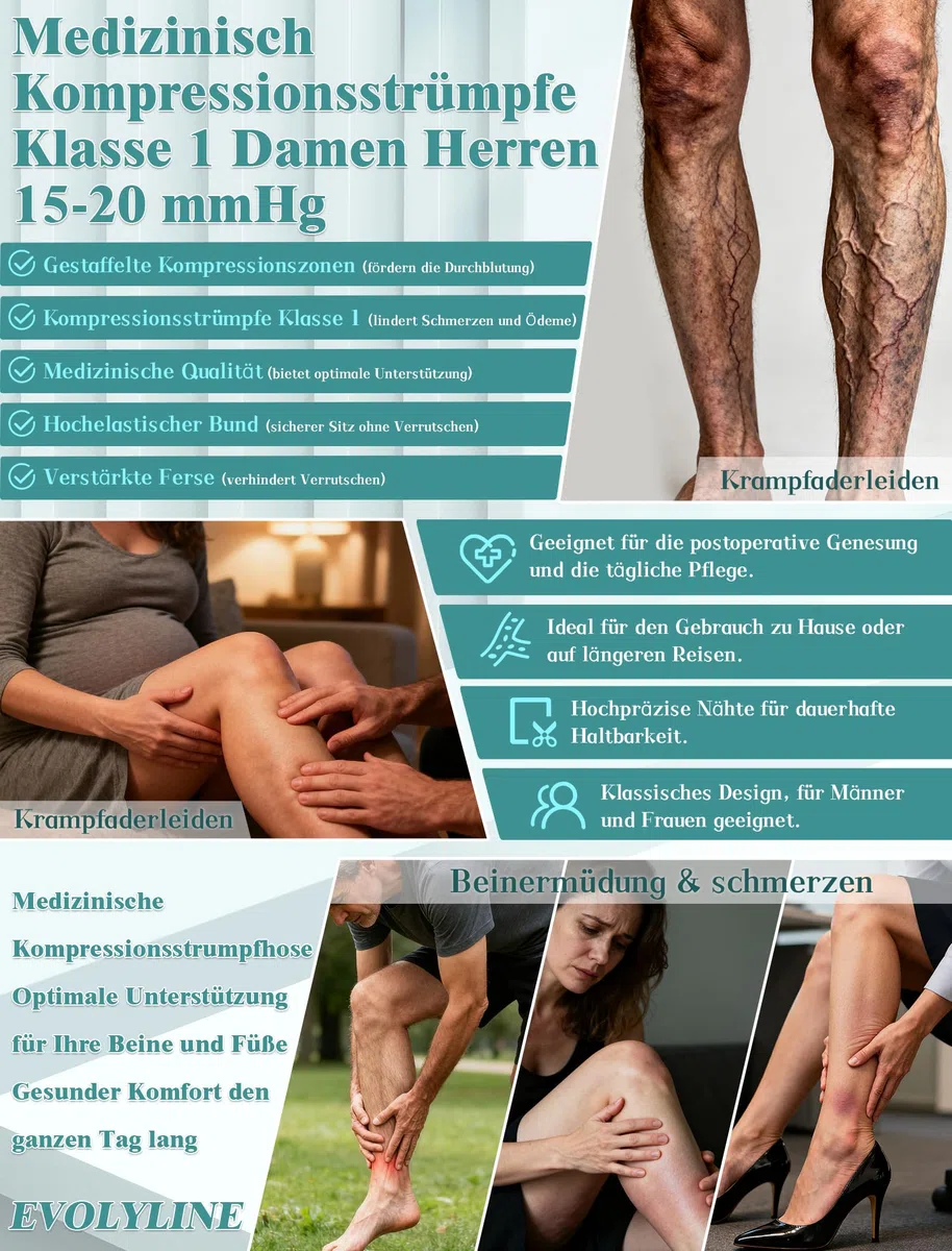 Medias de compresión médicas largas para mujer y hombre, clase 1, 15 – 20 mmHg, calcetines de trombosis para mujer, calcetines de compresión de vuelo, 2 pares de medias de apoyo para varices