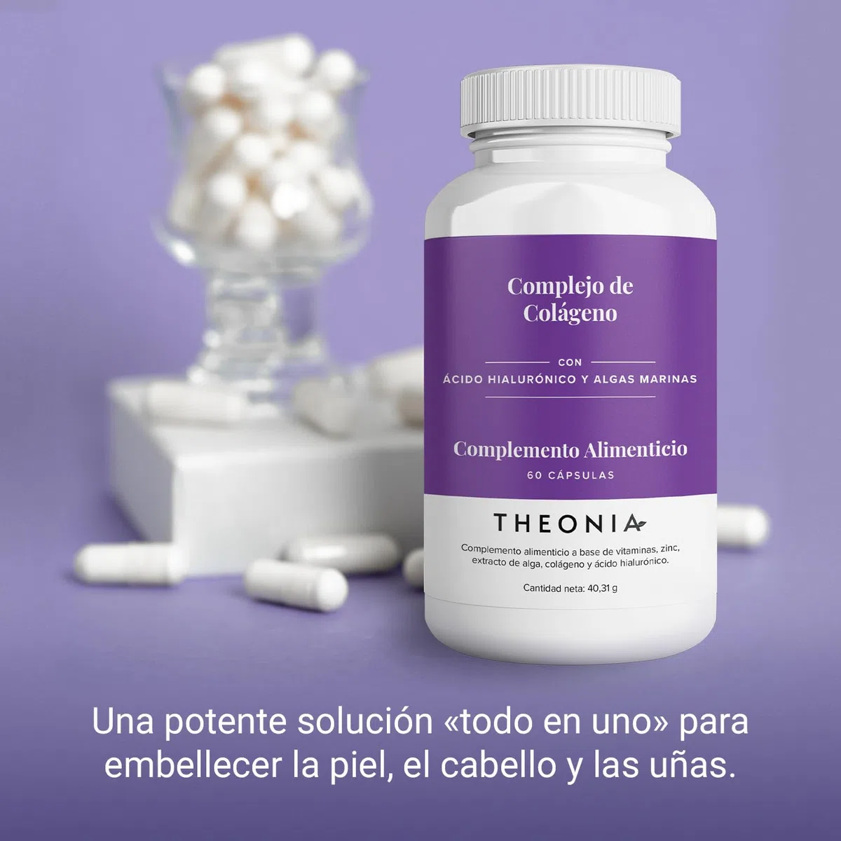 Complejo de colágeno de Theonia - Ácido hialurónico y algas marinas - Favorece la salud de las uñas, la piel, el cabello, las articulaciones y el metabolismo - Sin OGM, 60 cápsulas