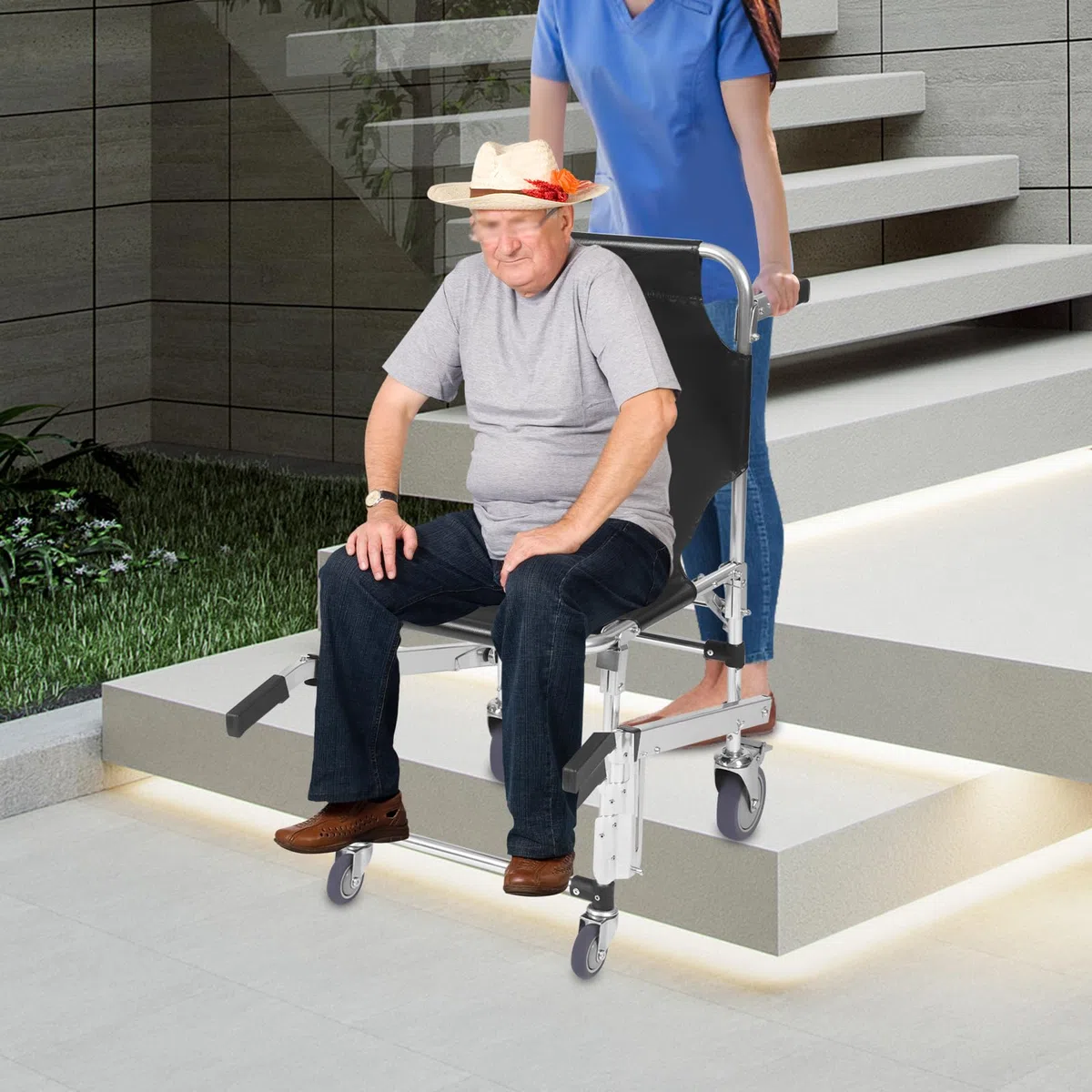 EMS - Silla de escalera de aleación de aluminio, ligera, plegable con cierre rápido, silla de evacuación para personas mayores, hasta 160 kg (negro)