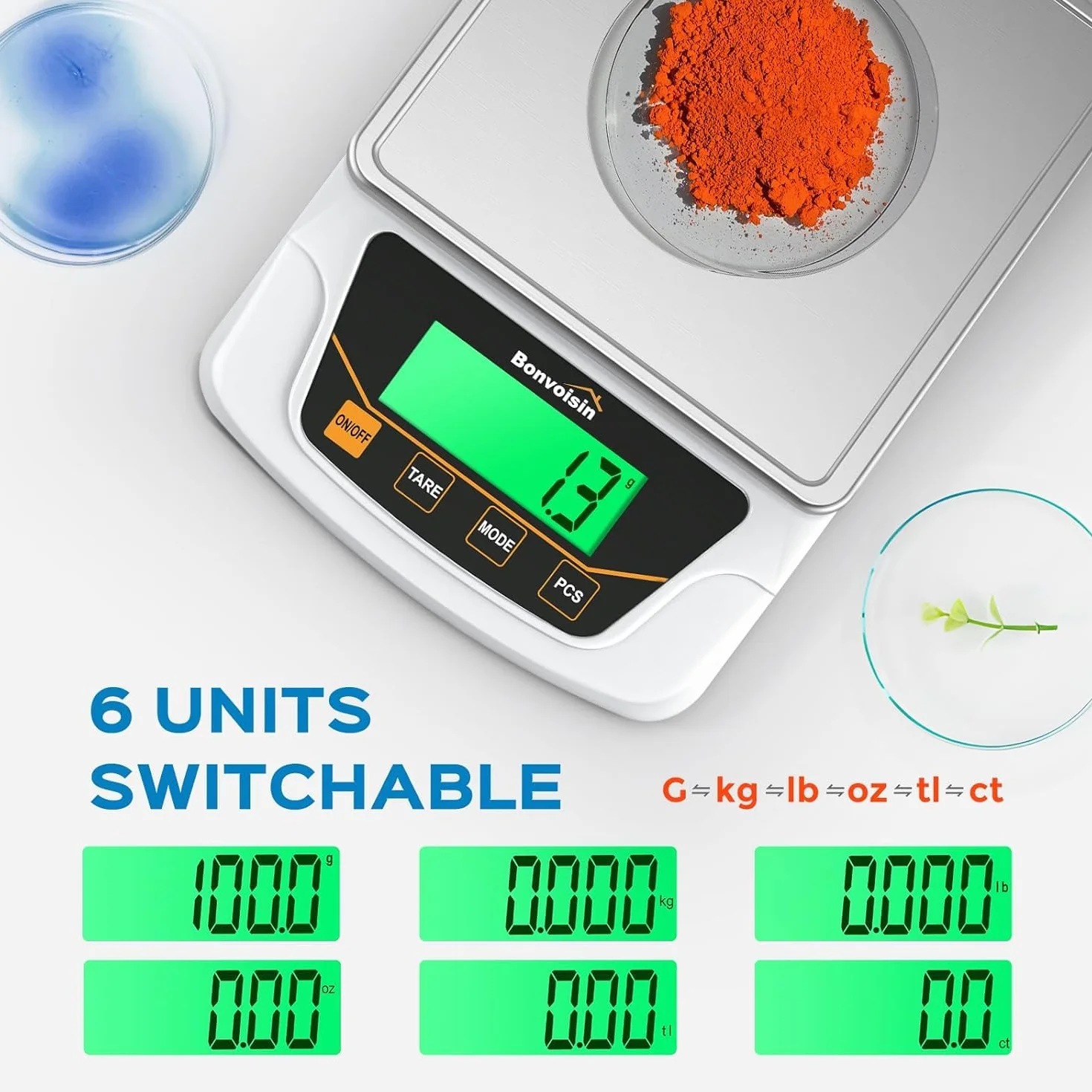 Bonvoisin Báscula de Precisión 6000g x 0.1g, Báscula Digital de Laboratorio con 6 Unidades, Conteo & Tara, Plato de Acero Inoxidable, Doble Alimentación & Autoapagado, para Lab, Joyería, Educación
