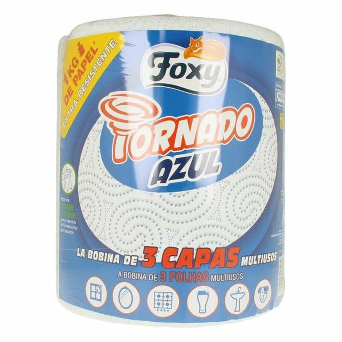 Foxy Tornado Azul Papel Multiusos, 1 Kg de papel(cada una), 340 servicios por cada rollo, Certificación PEFC,Paquete reciclable producido con plástico reciclado - 1 unidad