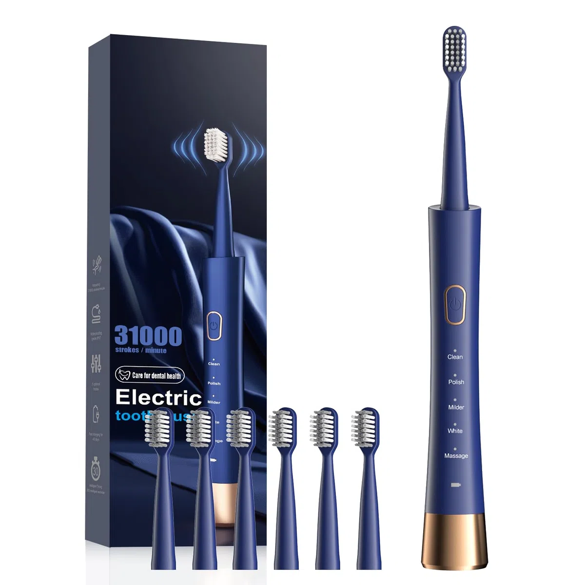 JTF Cepillo Dental Eléctrico para Ortodoncia, 6 Cabezales Suaves en Forma de U, 5 Modos, Temporizador 2 Min, IPX7, Limpieza Profunda(Azul Oscuro)