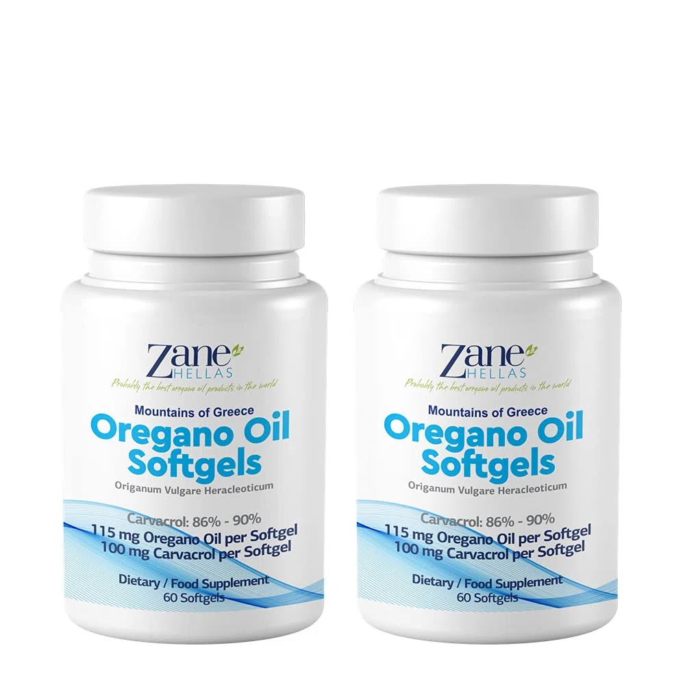 Zane Hellas Cápsulas de aceite de orégano. Cada cápsula blanda contiene un 20% de aceite esencial griego puro de orégano. 100 mg de Carvacrol por cápsula blanda.120 cápsulas blandas.Paquete de 2