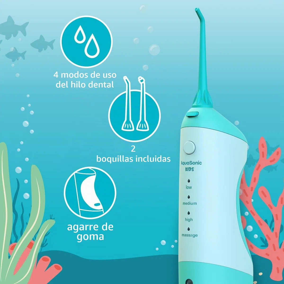 AquaSonic Hilo dental de agua para niños a partir de 6 años | Boquilla estándar, boquilla de ortodoncia y calcomanías impermeables | 4 modos de hilo dental | Tema de aventuras de acuario