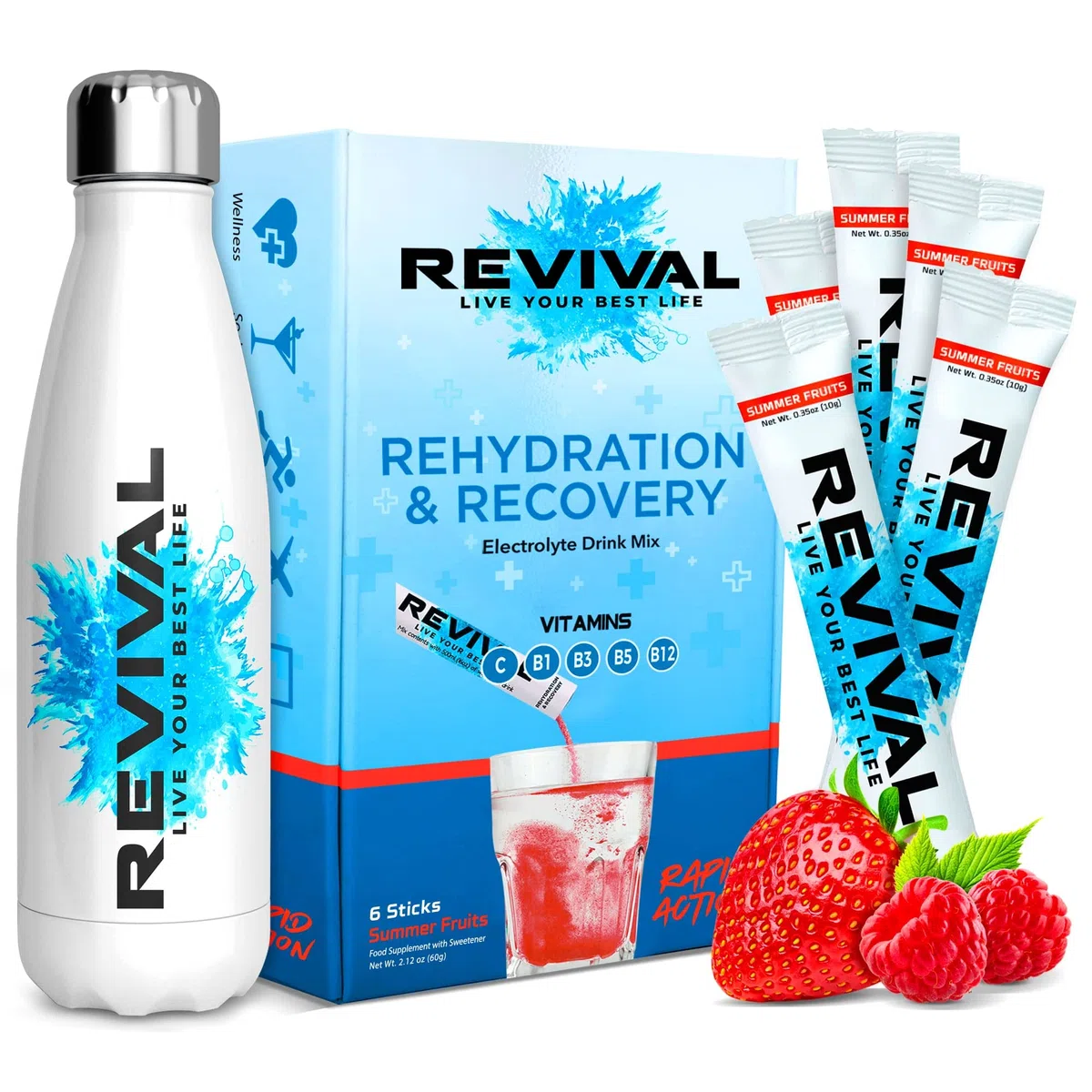 Revival Rapid Rehydration Starter Pack - Botella de Agua de Acero de 500 ml con 1 x 6 Paquetes de Sobres de Polvo de Electrolitos - Frutas de Verano