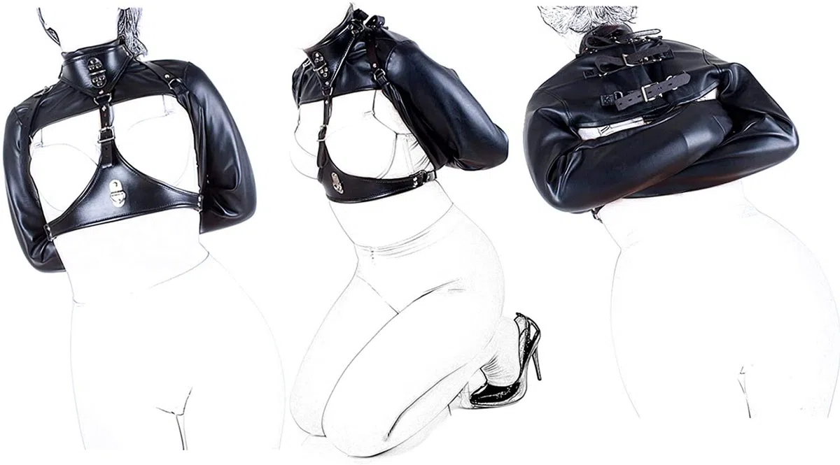 SXOVO Pecho Expuesto Puños de brazo Cuero Bondage Correas Brazo Bondage Esposas Sistema de sujeción SM Fetish Sex Toy (Negro)