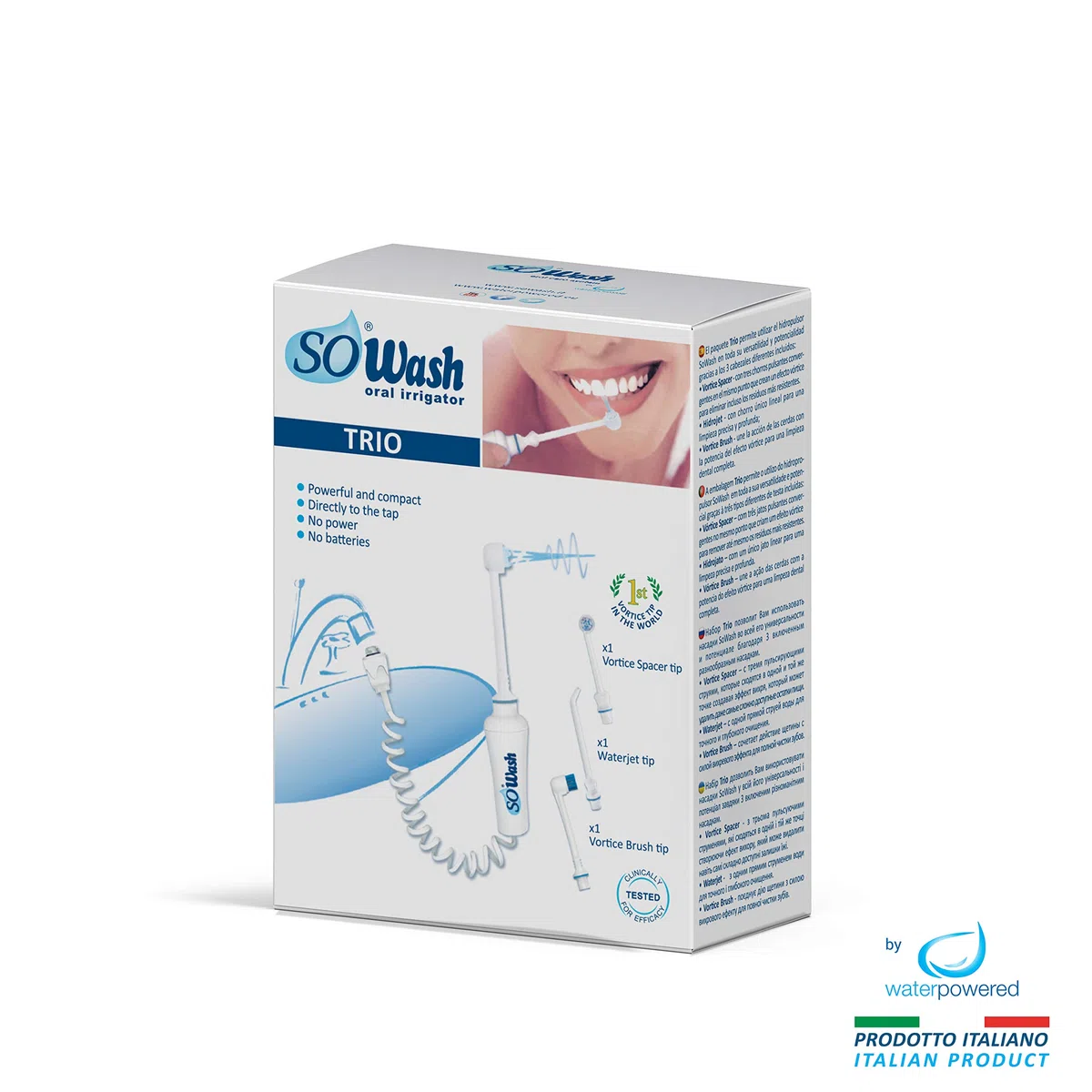 Irrigador Dental SoWash | Trío | Se conecta al grifo | Irrigador Dental sin pilas ni electricidad | 1 cabezal vórtice + 1 cabezal Vortice Brush + 1 cabezal hidrochorro | Producto italiano