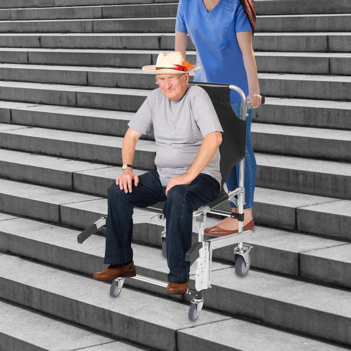 EMS - Silla de escalera de aleación de aluminio, ligera, plegable con cierre rápido, silla de evacuación para personas mayores, hasta 160 kg (negro)