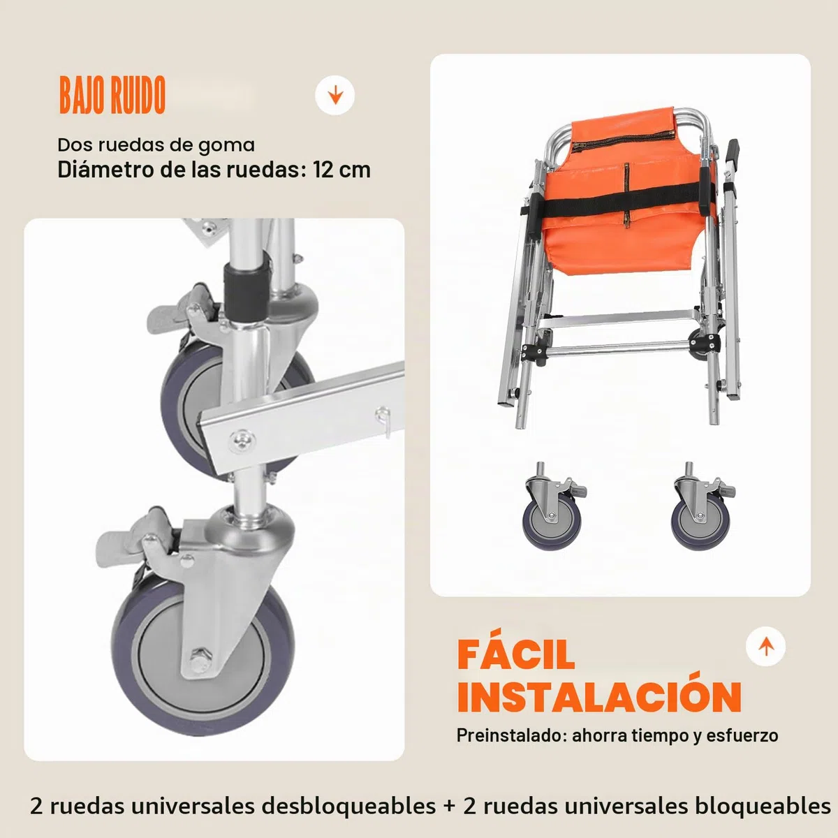 Silla de evacuación, silla de escalera de aleación de aluminio, ligera, plegable con cierre rápido, silla de evacuación para ambulancia bombero (naranja)