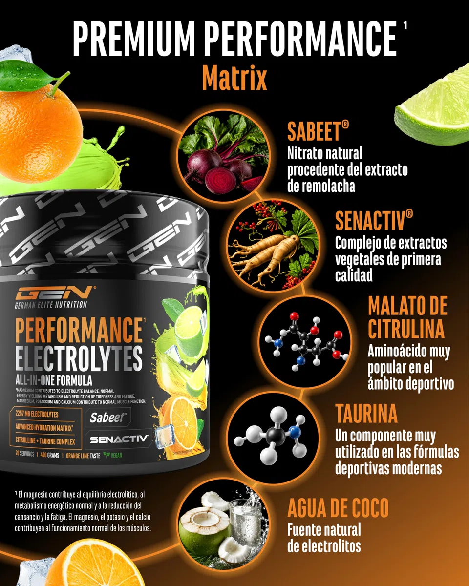 Performance Electrolytes - 400 g (20 Porciones) - Advanced Hydration Matrix con Sodio, Potasio, Magnesio, Calcio y Cloruro - con Citrulina y Taurina - Sin Azúcar - Vegano - Sabor Naranja Lima