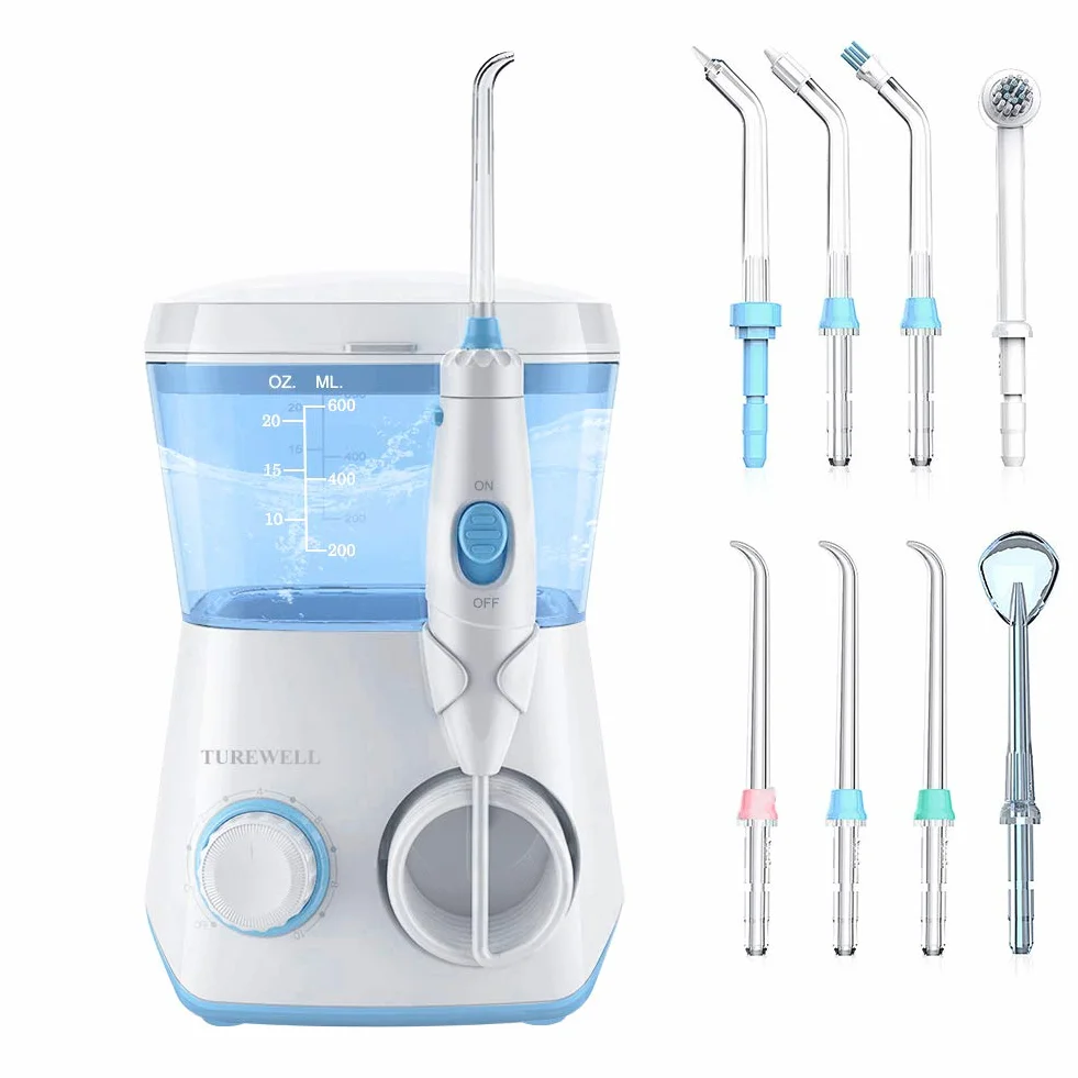 Irrigadores Dental-TUREWELL Irrigador Bucales con 8 Boquillas 10 Ajustes de Presión Del Agua, 600 ML Gran Capacidad de Depósito,IPX7 Impermeable Limpieza Dental
