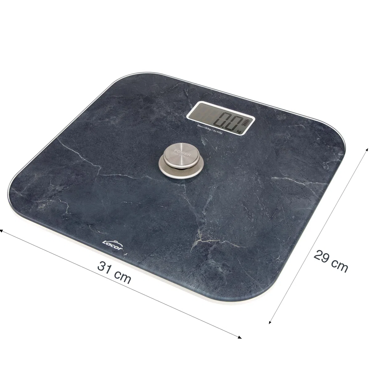 Lacor - 61742 - Báscula de Baño con sistema EcoMove Efecto Mármol, Vidrio Extraplano Templado de 5mm, Pantalla LCD, Medidas 31x29x5 cm