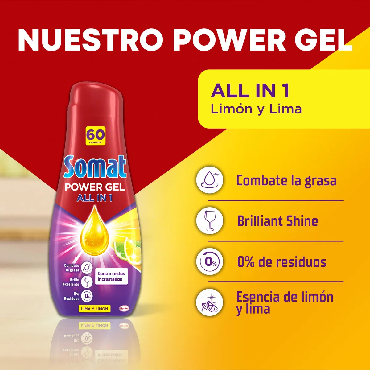 Somat Power Gel Todo en 1 para Lavavajillas Lima Limón (240 Lavados), Detergente para Lavavajillas con Limpieza Potente, Para una Vajilla Perfectamente Limpia Incluso en Programas Eco y Ciclos Cortos