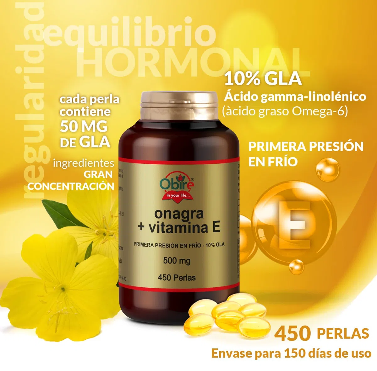 Obire Aceite de Onagra 500 mg con 10% en GLA (Ácido Gamma-linolénico) + 3,35 mg de Vitamina E - 450 perlas, 3 Unidades