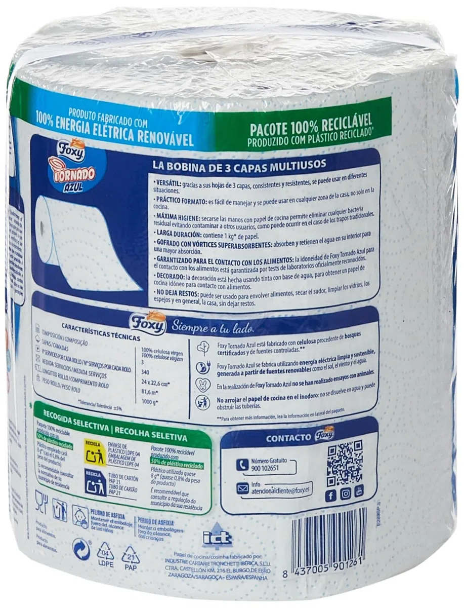 Foxy Tornado Azul Papel Multiusos, 1 Kg de papel(cada una), 340 servicios por cada rollo, Certificación PEFC,Paquete reciclable producido con plástico reciclado - 1 unidad