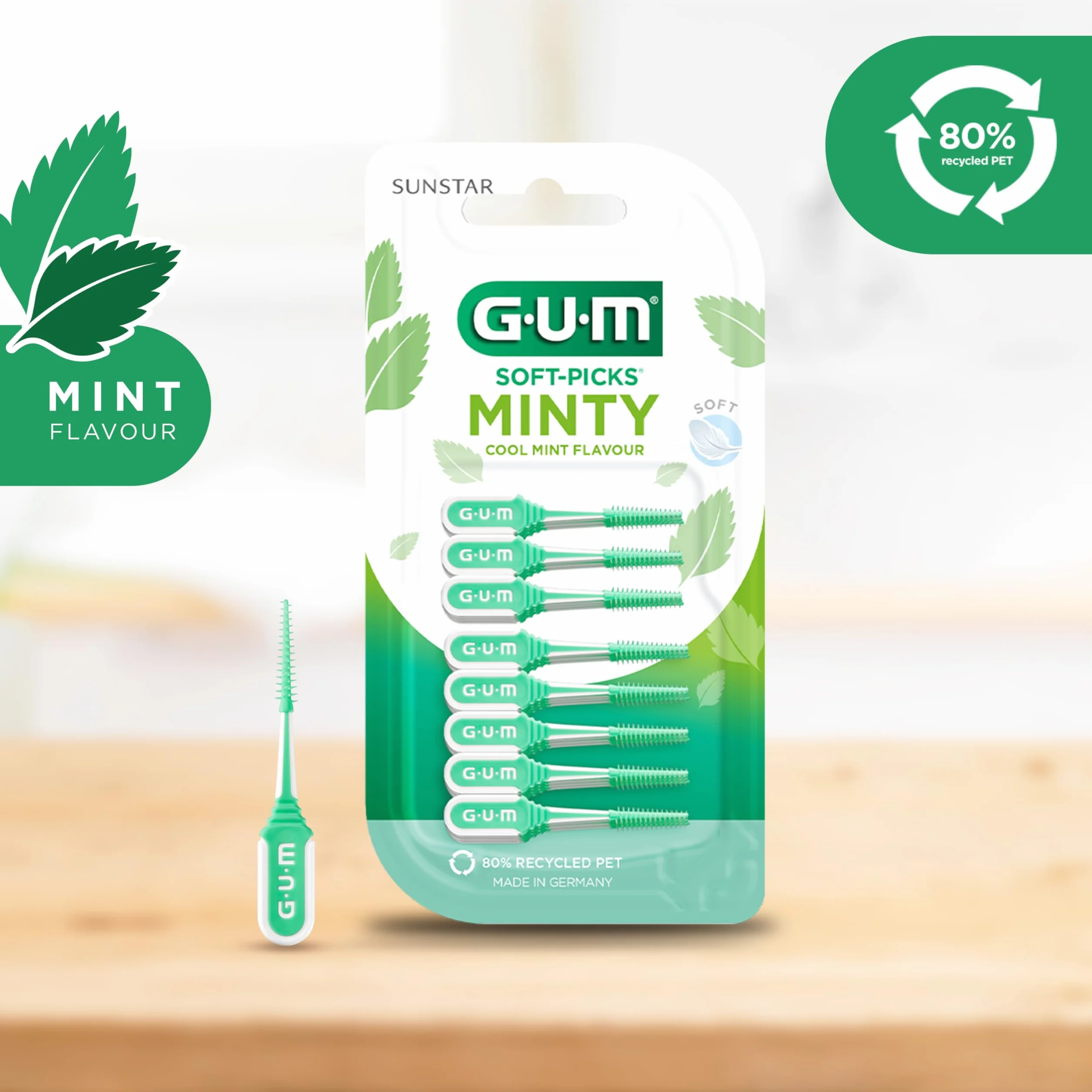 GUM SOFT-PICKS COMFORT FLEX Mint Palillos Interdentales de Goma Sabor Menta/Eliminan eficazmente la placa/Sabor a menta fresca/Tamaño mediano / 6 paquetes de 40 unidades