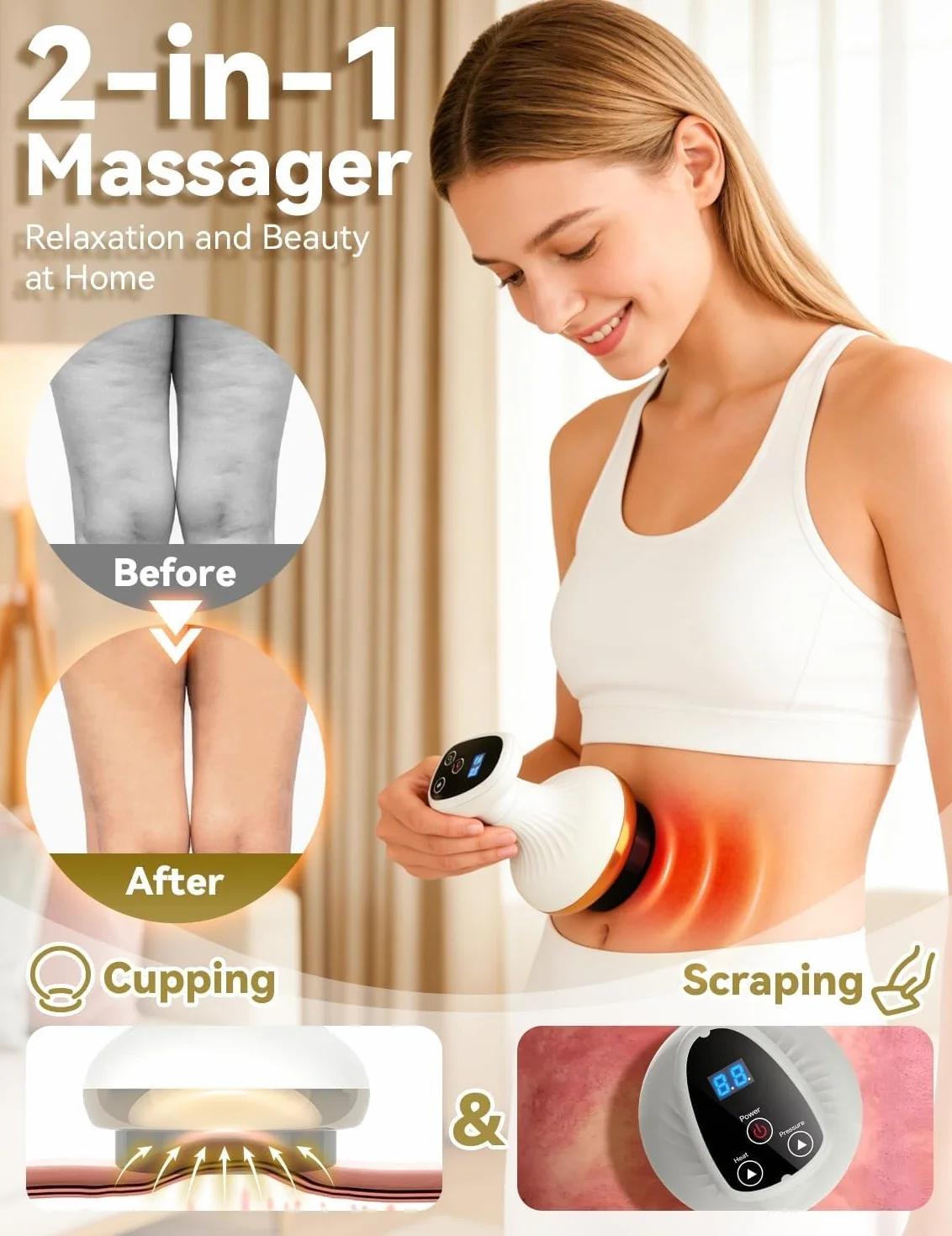 Vacuvia Maquina Celulitis,Masajeador Anticelulítico con Luz Roja y Calor, Reduce la Apariencia de Celulitis, Portátil y Recargable,Piel MáS Firme Y Mejor CirculacióN, Masaje De Tejido Profundo