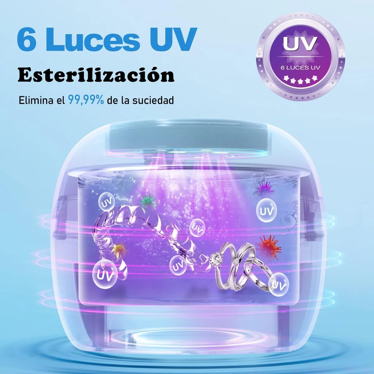 Limpiador Ultrasonidos, 50.000 Hz Limpiador Ferula Dental, 250 ml Ultrasonidos Limpieza, Ultrasonic Cleaner con 6 Lámparas UV para Retenedor, Fundas, Retainer, Dientes Postizos, Plata Joyas