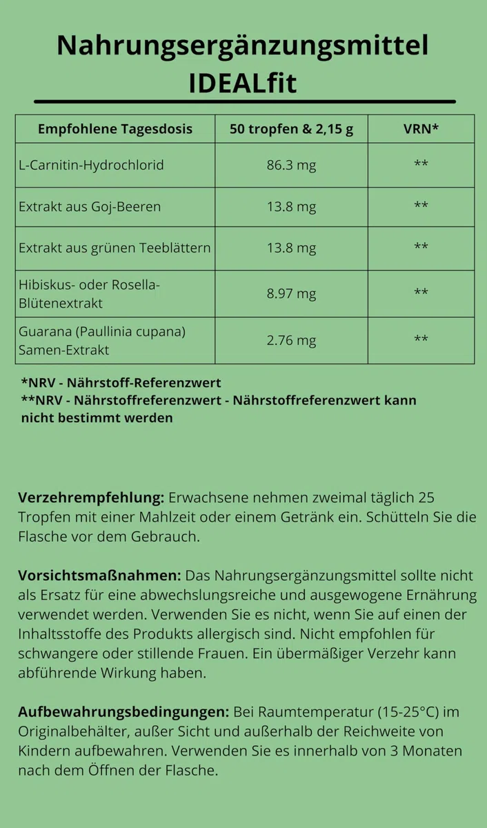 IDEALFIT gotas de Idealica 100% gotas naturales | L-Carnitina | Bayas de Goji | 20ml
