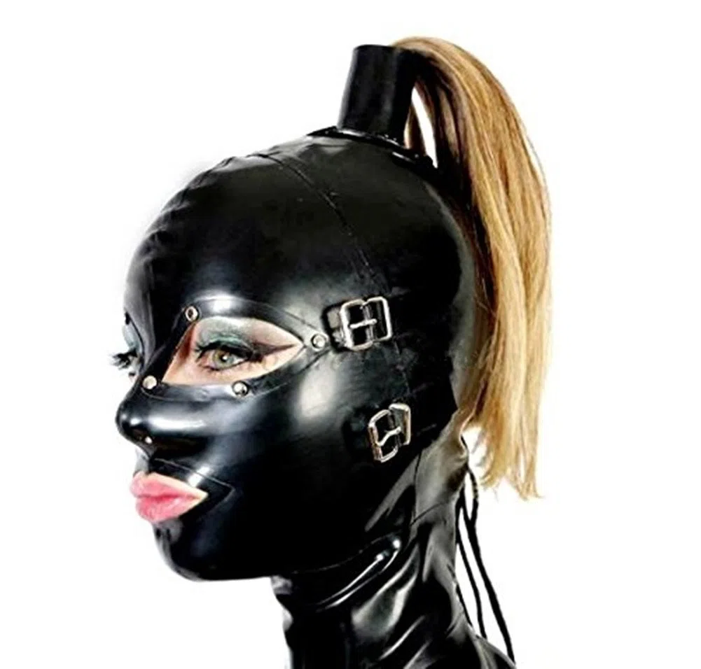 BDSM Máscara de cabeza de látex Capucha Disfraces de fetiche Restricciones eróticas Máscara extraíble para ojos y boca