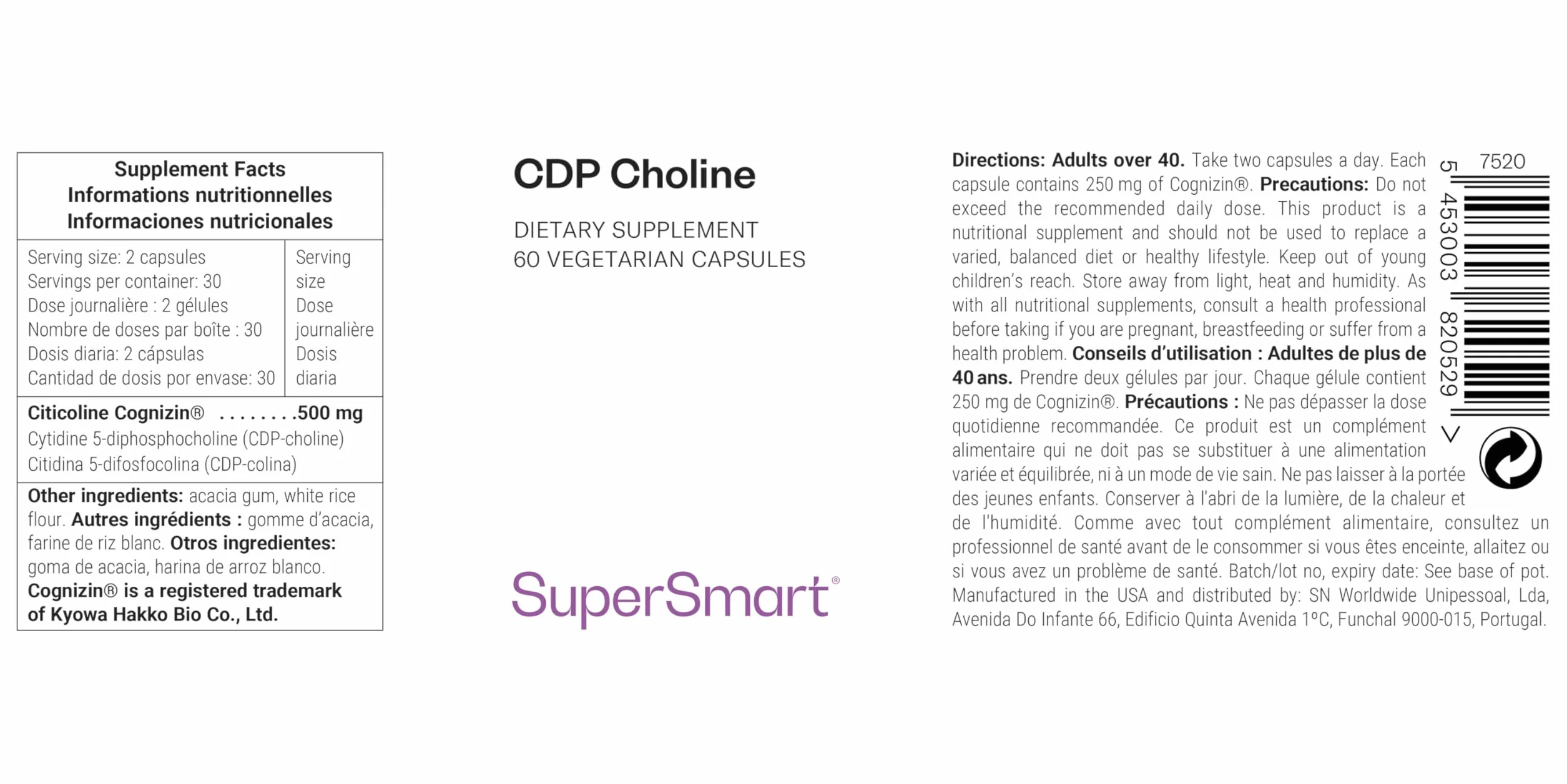 CDP Colina - Ayuda al Funcionamiento Normal del Sistema Nervioso - Colina Patentada - Fórmula de Biodisponibilidad Óptima - Dosis Potente - Vegano - SuperSmart