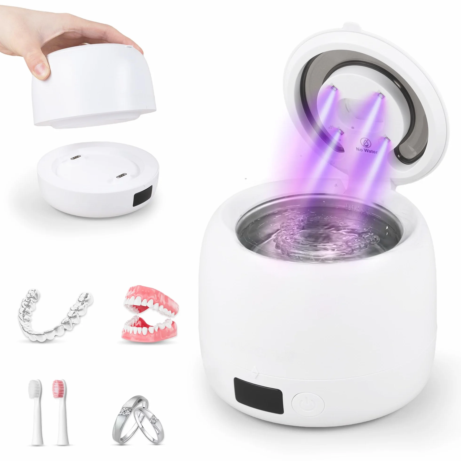 Carehabi Limpiador Ferula Dental, Limpiador Ultrasonidos Dental 45kHz con Depósito Extraíble 200mL, Máquina con Luz U-V para Retenedores, Alineadores y Joyas, Blanco