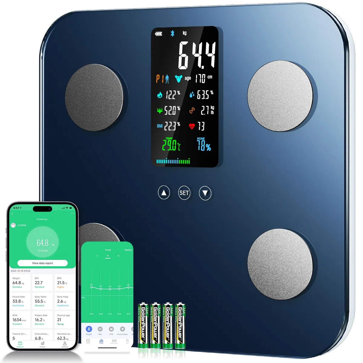 Onherm Bascula de Baño Digital, Digital Bascula Grasa Corporal y Muscular con Pantalla Grande, Con 19 Mediciónes, Balanza Peso Corporal Masa Muscular IMC, Bascula Inteligente con APP, 180kg/400lb