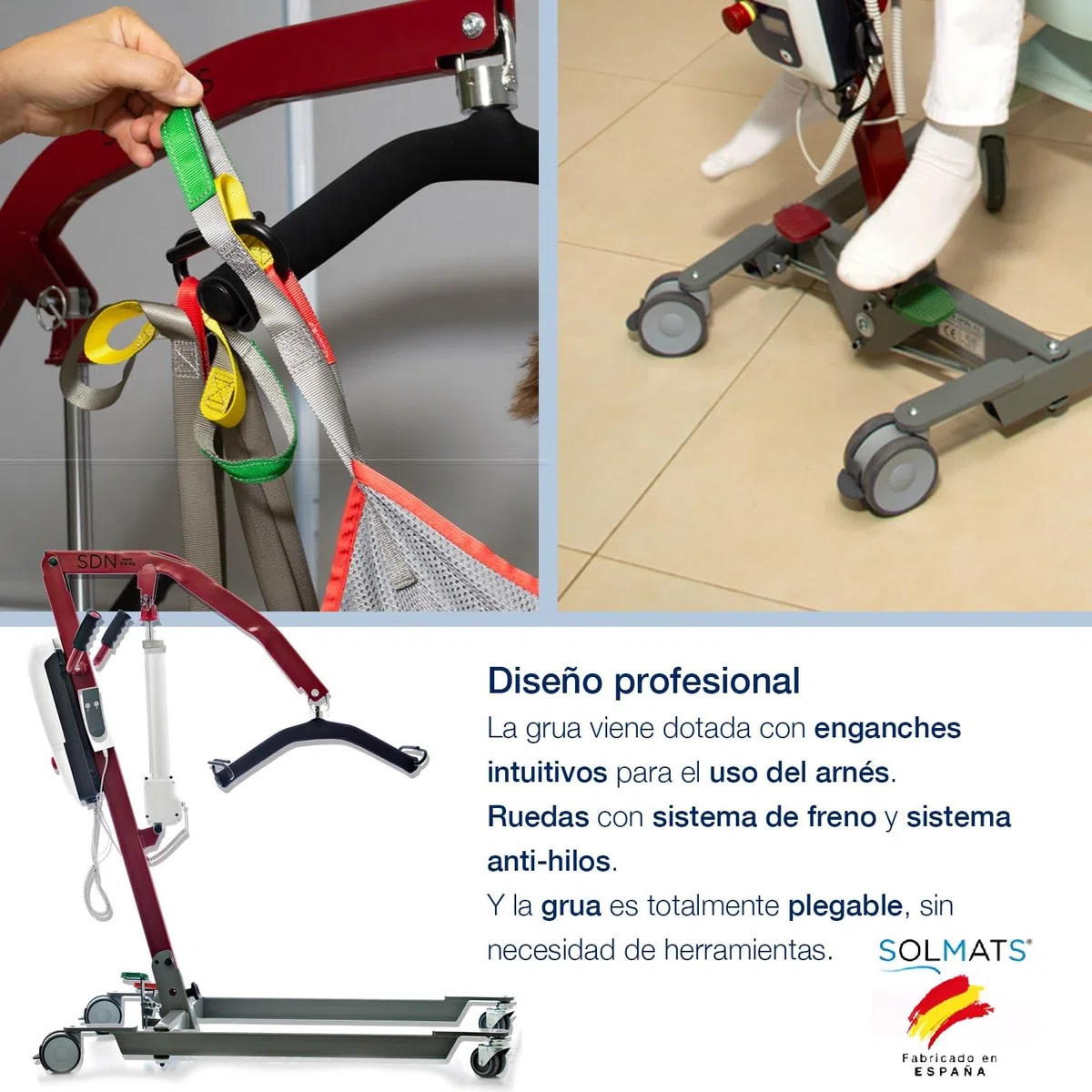 Grúa para personas mayores, Fabricado en España, Arnés profesional incluido, Grúa electrica, Grúa para enfermos, 150 kg, Elevador de pacientes, Segura y Plegable, Fácil de Usar