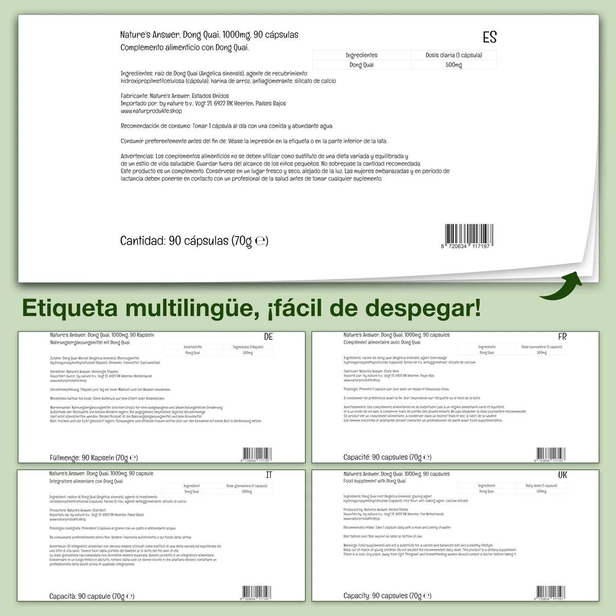 Nature's Answer, Dong Quai, 500mg, 90 Cápsulas veganas, Probado en Laboratorio, Sin Gluten, Sin Soja, Vegetariano, No GMO