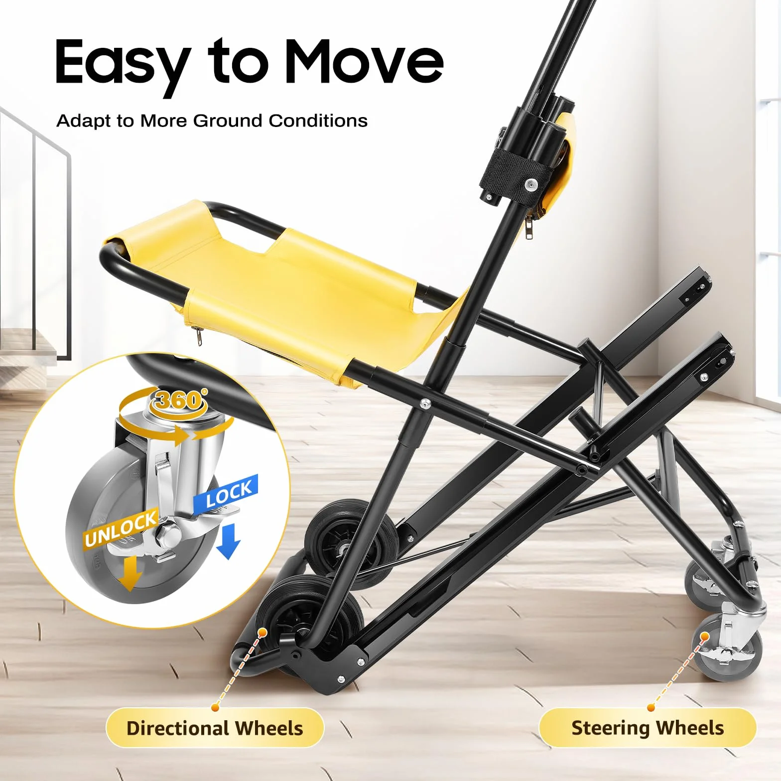 Silla de ruedas para subir escaleras, aleación de aluminio, 4 ruedas, 159 kg de capacidad de carga, plegable, portátil, reposacabezas ajustable con cinturones de seguridad