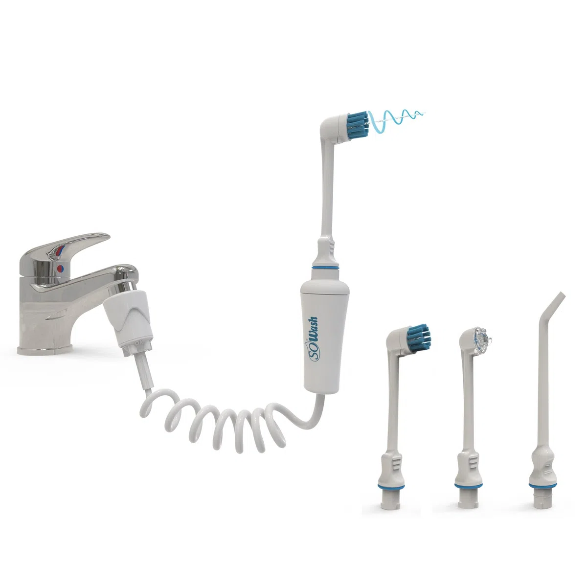 Irrigador Dental SoWash | Trío | Se conecta al grifo | Irrigador Dental sin pilas ni electricidad | 1 cabezal vórtice + 1 cabezal Vortice Brush + 1 cabezal hidrochorro | Producto italiano