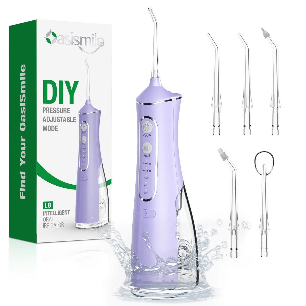 OasiSmile Irrigador Dental, 300ML Irrigador Bucal Profesional con Tecnología DIY Autoajustable, 5 Boquillas y 4 Modos, Para Ortodoncia y Encías Sensibles, Inalámbrico IPX7 para Viaje Hogar, Morado