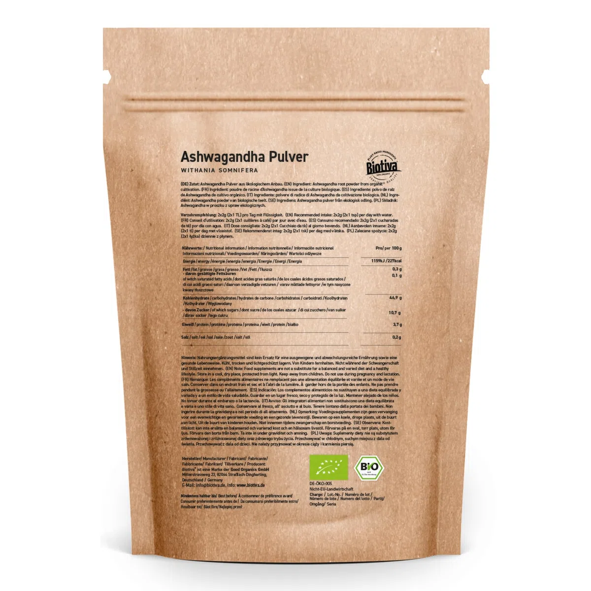 Biotiva Polvo de ashwagandha orgánico 1000g - Baya del sueño - Ayurveda - Ginseng indio - vegano - Embotellado en Alemania (DE-ÖKO-005)