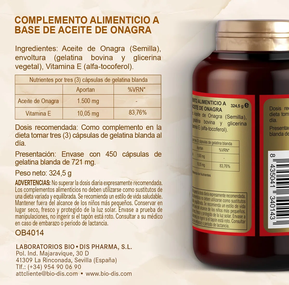 Obire Aceite de Onagra 500 mg con 10% en GLA (Ácido Gamma-linolénico) + 3,35 mg de Vitamina E - 450 perlas, 3 Unidades