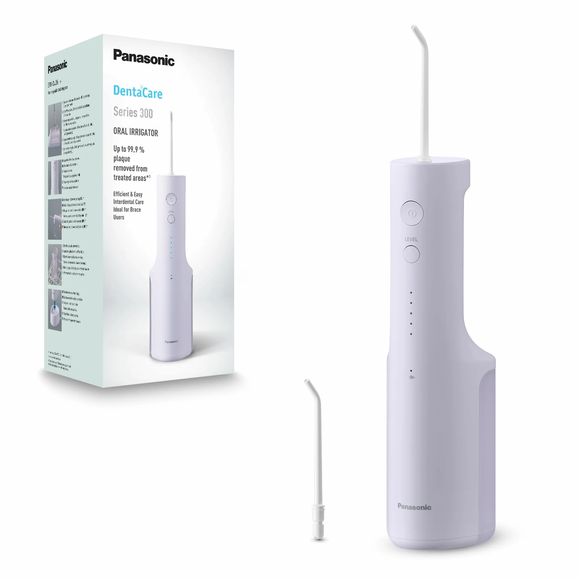 Panasonic Serie 300 Irrigador bucal EW-DJ26-V303, Irrigador Bucal para Dientes, 200 ml, IPX7, 2 Boquillas Regulares, 5 Configuraciones De Presión, Accesorio De Viaje, Morado