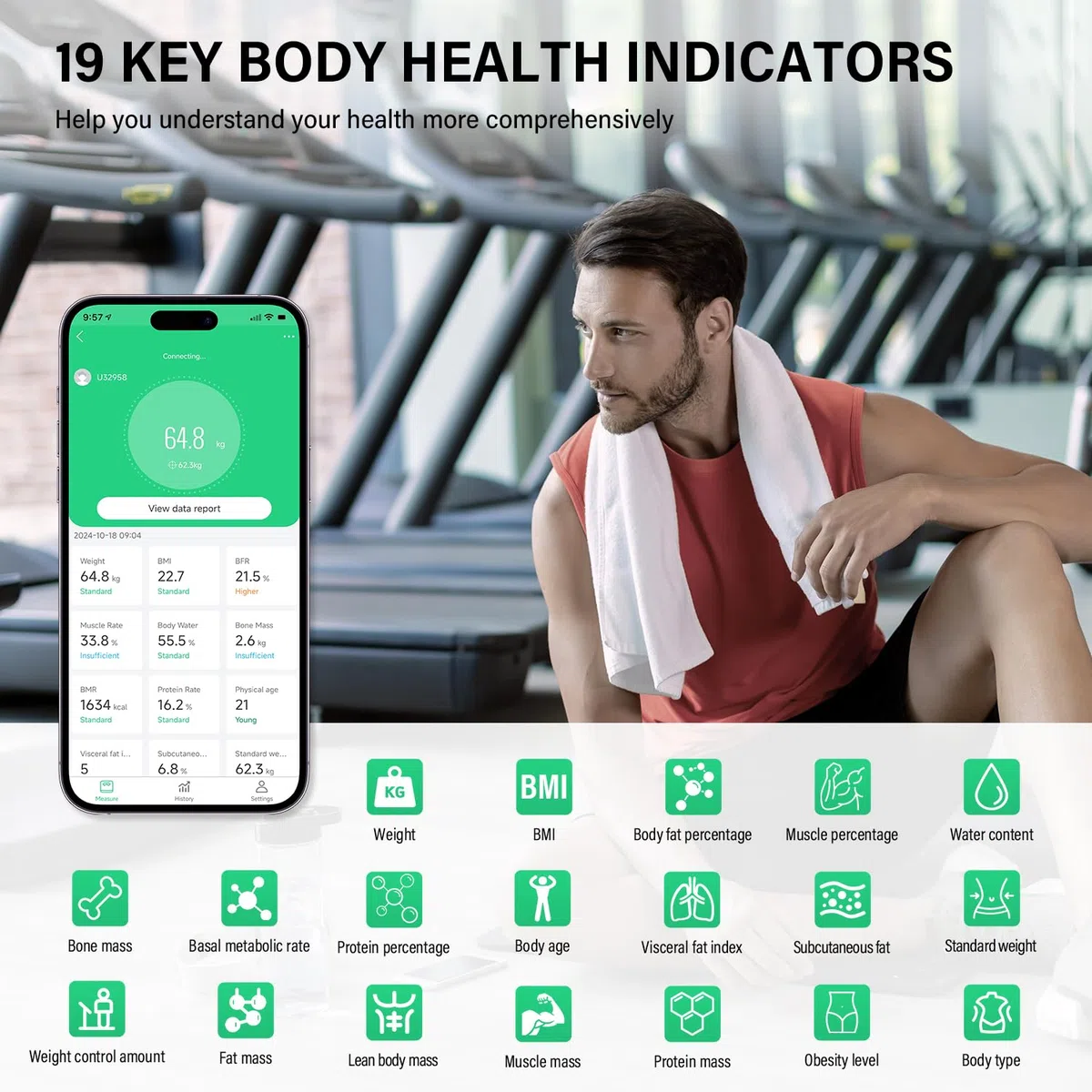 Onherm Bascula de Baño Digital, Digital Bascula Grasa Corporal y Muscular con Pantalla Grande, Con 19 Mediciónes, Balanza Peso Corporal Masa Muscular IMC, Bascula Inteligente con APP, 180kg/400lb
